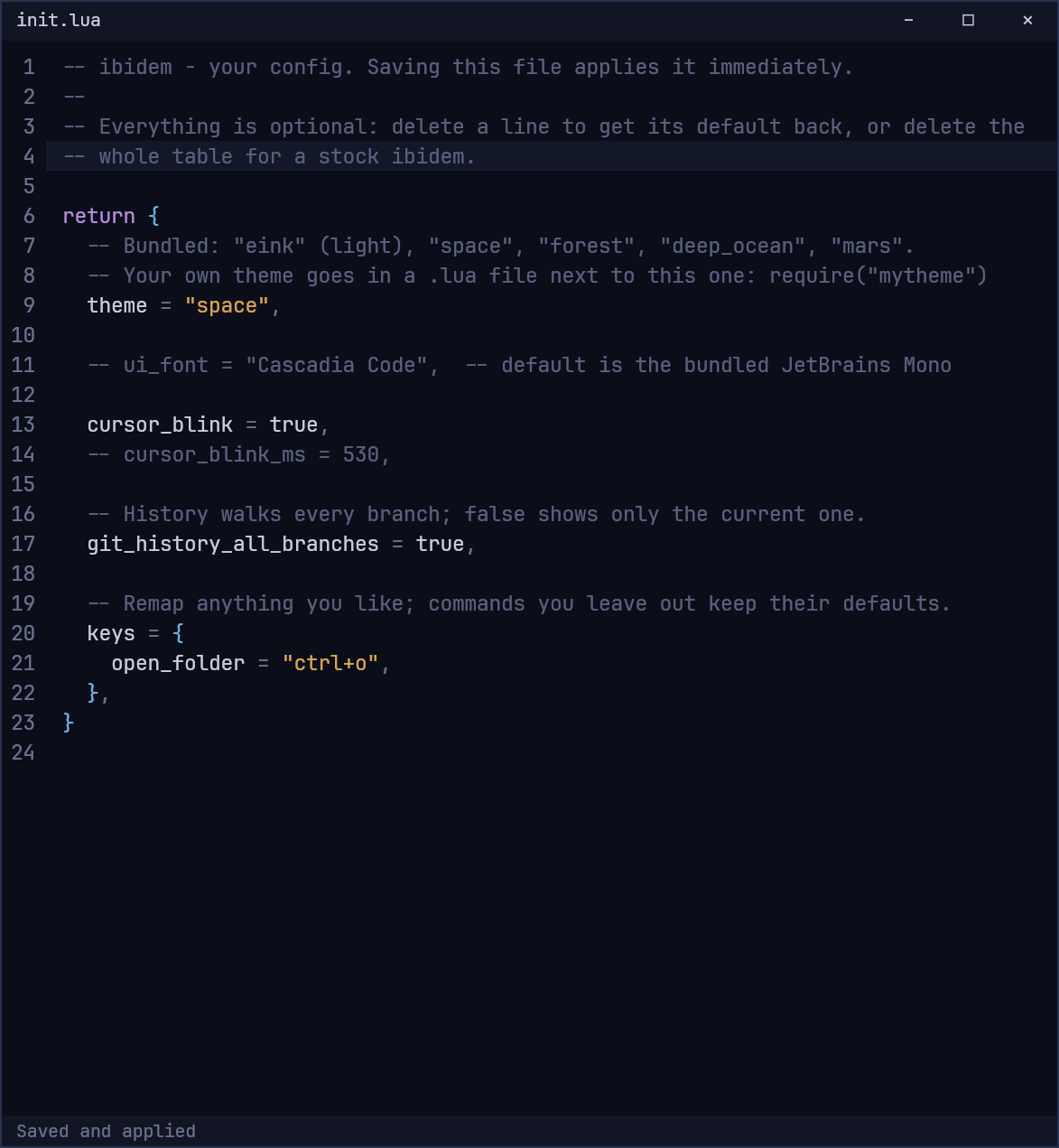 The config editor window with init.lua open.