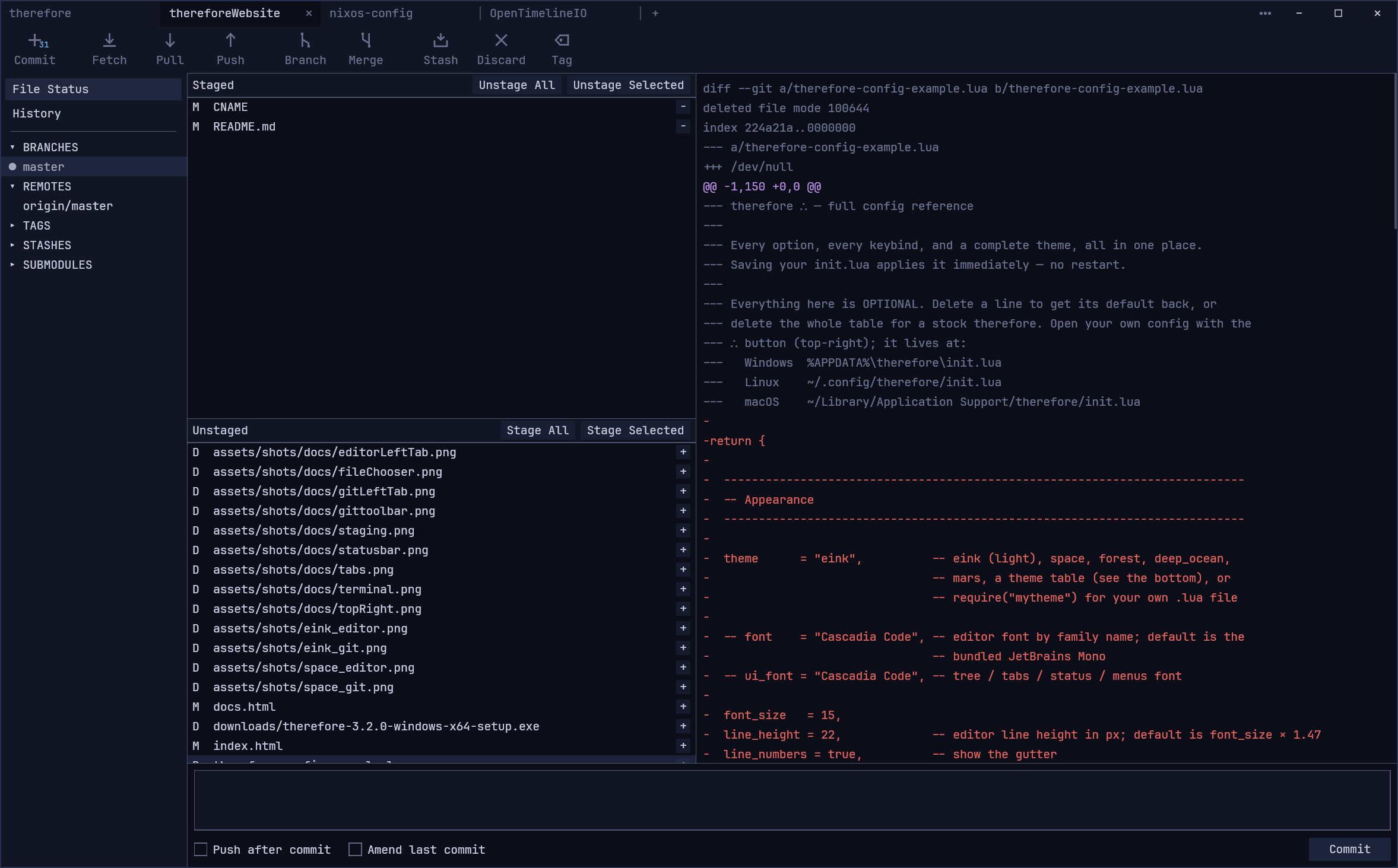 ibidem's File Status view: staged and unstaged changes beside the diff.