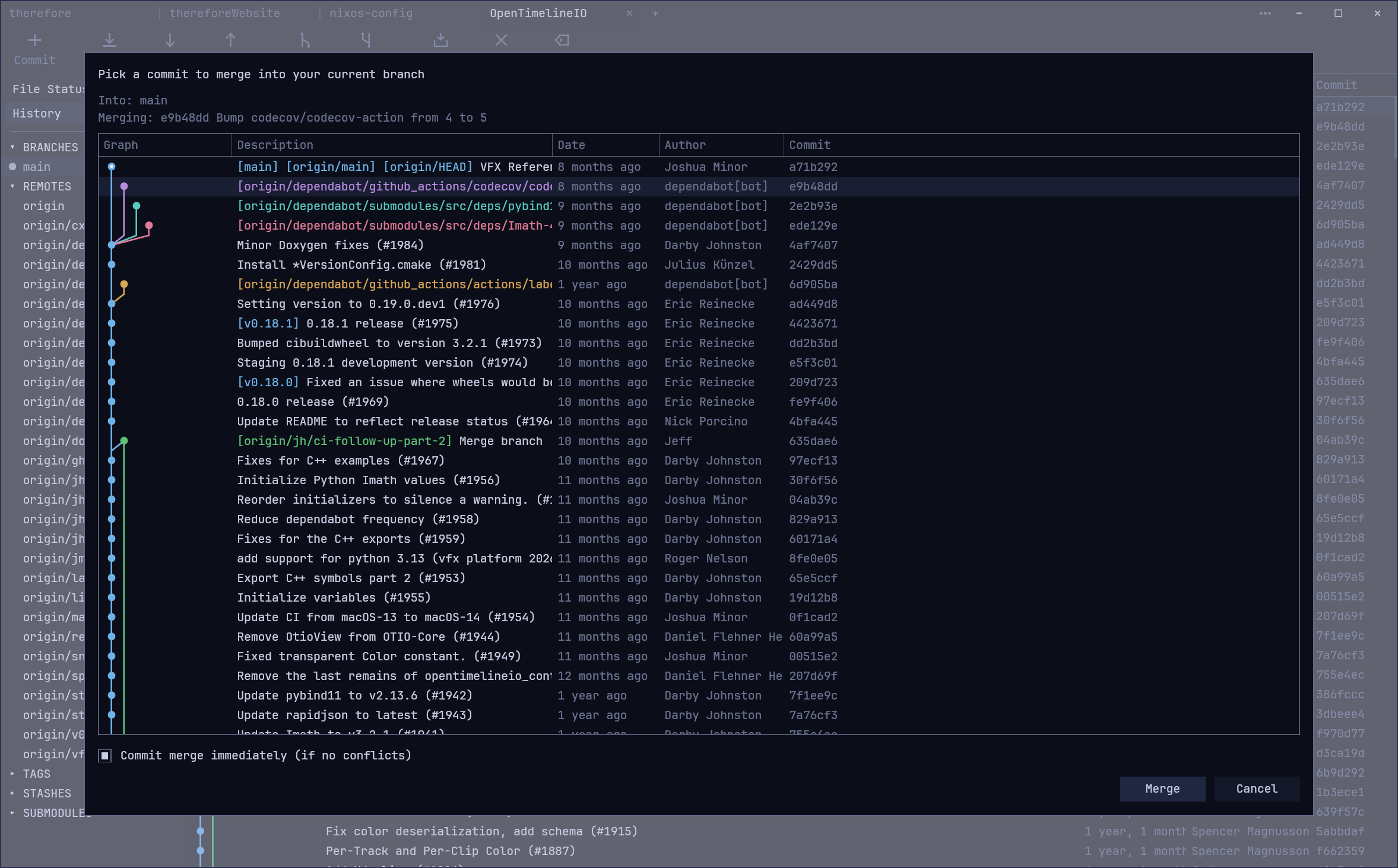 The Merge picker: the history in a modal with a commit selected.