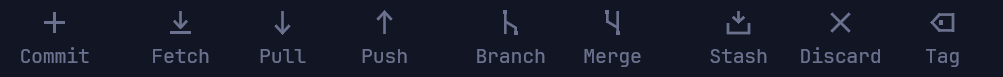 The toolbar: Commit, Fetch, Pull, Push, Branch, Merge, Stash, Discard, Tag.